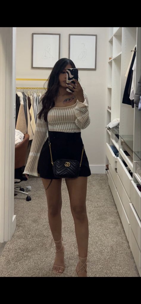 Line shorts styled, nude high heels, black shorts, flowy top, nude crochet top, knit long sleeve, gucci marmont purse, crossbody bag, petite fashion , tan skin style