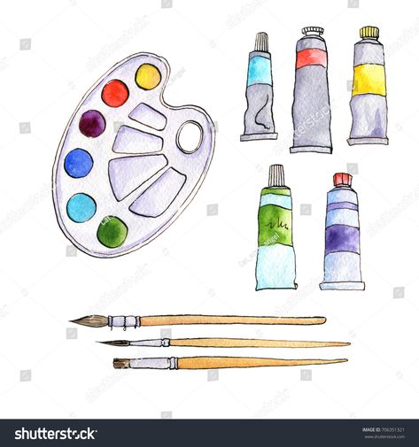 art materials, line drawing set of squirrel,bristle and synthetic brushes for painting and calligraphy and paint tubes, hand drawn watercolor illustration Royalty free image illustration Art Materials Illustration, Art Tools Illustration, Art Materials Drawing, White Background Painting, Illustration Stationery, Paint Brush Drawing, Create This Book, Contemporary Art Painting, Creative Background