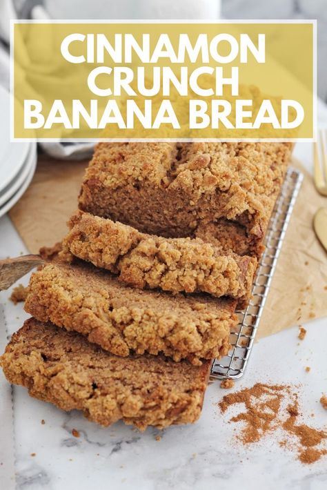 This Cinnamon Crunch Banana Bread is so moist and full of flavor! This recipe is simple and uses everyday ingredients that you probably already have in your pantry. Banana Bread Cinnamon Crunch, Banana Bread Recipe With Cinnamon Crunch, French Banana Bread, Cinnamon Toast Banana Bread, Cinnamon Toast Crunch Banana Bread, Banana Crunch Bread, Cinnamon Crunch Banana Bread Recipe, Mccormick Cinnamon Crunch Banana Bread, Cinnamon Crumble Banana Bread