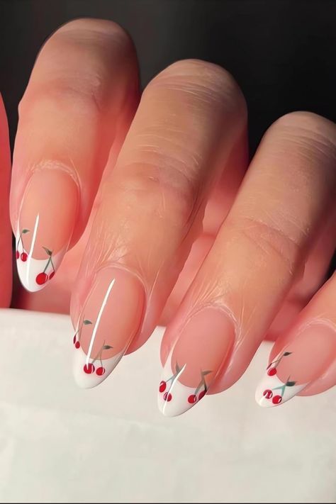 Cherry Nail Art, Almond Nails French, Fake Nails White, Cute Simple Nails, Cherry Nails, White French Tip, Colorful Nails, Summery Nails, French Tip Acrylic Nails