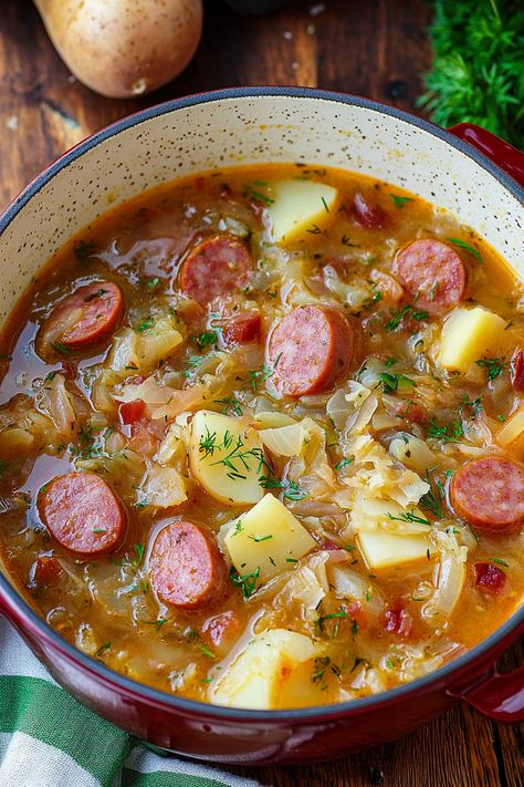 Kielbasa Sauerkraut Soup - An Organized Chaos Saurkraut And Kielbasa Soup, Kielbasa Potato Sauerkraut, Foods With Sauerkraut, Polish Soups And Stews, Recipe Using Sauerkraut, Beef Ribs And Sauerkraut, Kielbasa Sauerkraut Soup, Kielbasa Soup Recipes Crockpot, Kielbasa And Sauerkraut Soup