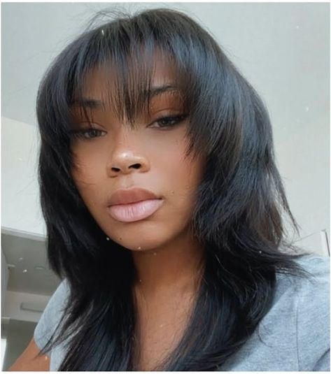 Wolf Shag Haircut Black Girl Mullet Wolf Cut Wig, Wolfcut Hair Long Black, Wolf Haircut Black Woman, Long Mullet Black Women, Shag Haircut Black Woman, Wolf Cut Wigs, Relaxed Shag Haircut, Wolfcut On Black Women, Shag Hairstyles Black Women