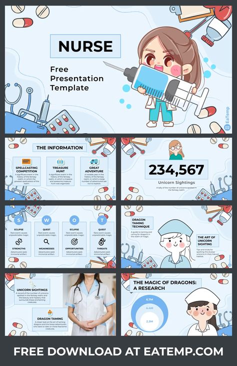 Nurse PowerPoint Template - A unique and stylish slide deck for nurses to use in their presentations. Features a variety of nursing-themed graphics and icons, as well as pre-formatted layouts for easy Google Slides Free Template, Canva Templates Ideas, Canva Templates Free, Desain Merek, Aesthetic Canva Templates, Canva Templates Instagram Post, Best Presentation Templates, Me Template, About Me Template