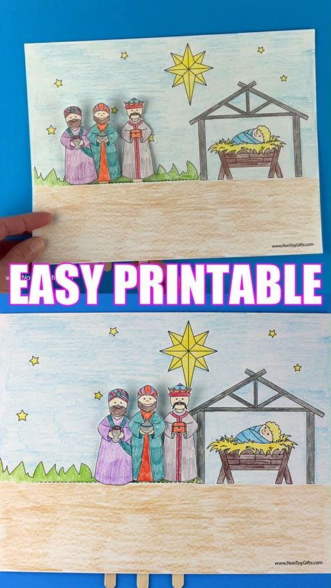 Use our nativity craft printable to make a wise men interactive craft with preschoolers, kindergarteners and elementary school aged kids for Christmas Sunday school, if you are a teacher, or at home. Our easy printable template features baby Jesus in the stable and the three wise Magi following the star to bring gifts to baby Jesus. This simple Christmas Christ centered craft is great for daycare and preschool to help little kids retell the story of how baby Jesus was born. Christmas Catholic Crafts For Kids, Wise Men Preschool Craft, Wise Men Craft For Kids Sunday School, 3 Wise Man Craft For Kids, Three Wise Men Craft Preschool, Easy Christmas Nativity Crafts For Kids, Epiphany Sunday School Crafts, Christmas Nativity Art Projects For Kids, Nativity Craft For Preschool