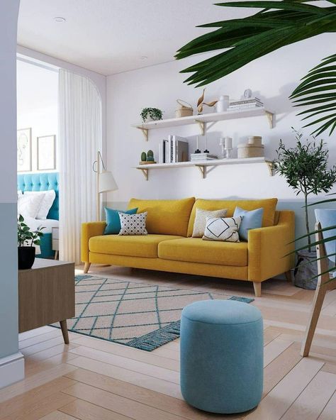 Yellow And Turquoise Living Room, California Coastal Living Room, Vibrant Living Room, Yellow Living Room, Small Living Room Decor, Home Design Living Room, Living Room Decor Apartment, House Interior Decor, Living Room Inspo