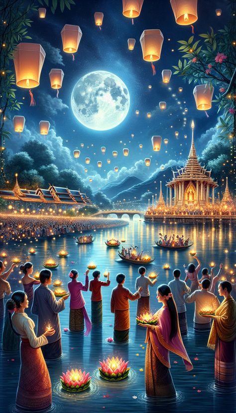 Experience Thailand's enchanting Loi Krathong Festival! This stunning event showcases vibrant Thai customs, including lantern releases and krathong floatings, in Sukhothai, Chiang Mai, Ayutthaya, and Bangkok on the full moon night in November. Don't miss this celebration of Thai culture and heritage. #LoiKrathongFestival #ThaiCultureCelebration #NovemberFestivities Thindingyut Festival, Thailand Lantern Festival, Thai Lantern, Loi Krathong Festival, Thailand Culture, Culture Of Thailand, Loy Krathong, Story Pictures, Food Sculpture