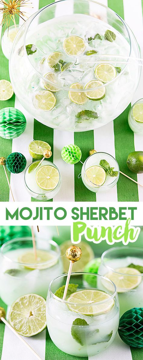 St. Patrick’s Day Mojito Sherbet Punch Recipe Adult Punch Recipes, Mojito Punch, Day Party Food Ideas, Sherbet Punch Recipes, Sherbet Punch, St Patricks Day Drinks, Party Food Ideas, Punch Recipe, Mojito Recipe