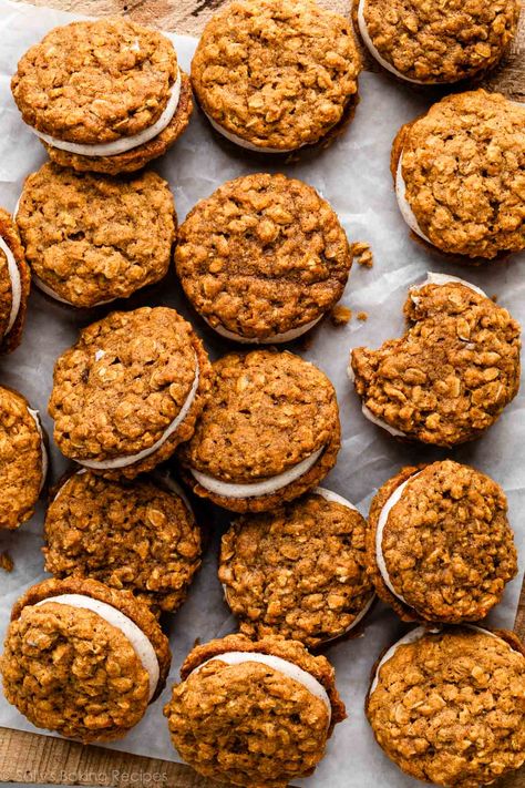 If you're a fan of classic oatmeal cream pies and can't get enough of pumpkin spice, these pumpkin oatmeal cream pies are your next must-try bake! Start by baking a batch of soft pumpkin oatmeal cookies—no dough chilling needed. Then, sandwich them together with a tangy, spiced cream cheese filling to create irresistible oatmeal cream pies bursting with cozy fall flavors. Recipe on sallysbakingaddiction.com Pumpkin Spice Oatmeal Cream Pies, Pumpkin Oatmeal Creme Pies, Mini Oatmeal Cream Pies, Pumpkin Oatmeal Cream Pie Cookies, Pumpkin Oatmeal Cream Pies, Must Try Recipes, Pumpkin Cream Pie, Oatmeal Pie, Sandwich Cream