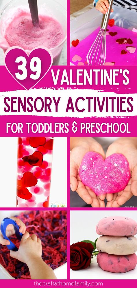 Collage of Valentine's Day sensory activities with the words "39 Valentine's Sensory Activities for Toddlers & Preschool" Play Dough Recipes, Sensorial Activities, February Preschool, Nanny Activities, Valentines Activities, Sensory Play Activities, Water Play For Kids, Valentine Sensory, Sensory Play Toddlers