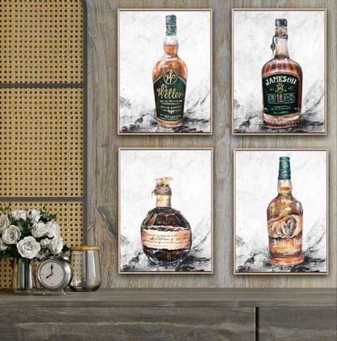 Art For Man Cave, Bourbon Decor, Masculine Home Decor, At Home Bar, Bar Artwork, Cabin Theme, Man Cave Bathroom, Bourbon Bar, Whisky Drinks