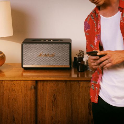 Buy Marshall Home Speakers | Marshall Speaker Aesthetic, Marshall Kilburn, Marshall Bluetooth, Marshall Stanmore, Black Speaker, The Marshall, Diy Speakers, Men Photoshoot, Home Speakers