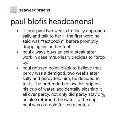 Paul Blofis, Rick Riordan Series, Percy Jackson Head Canon, Pjo Hoo, Seaweed Brain, Peter Johnson, Percy Jackson Quotes, Percy Jackson Characters, Magnus Chase