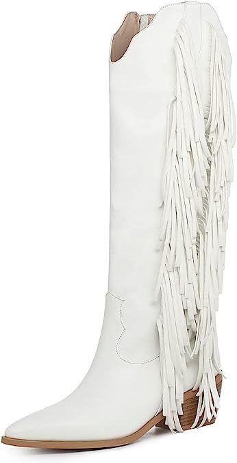 Rubber sole The heel height of white cowgirl boots is 5 cm/2.19" These white fringe cowboy cowgirl boots for women is made of synthetic leather, and the lining is soft stylish and comfy Wid calf is easy to put on and off Suitable for wedding,concerts,parties,dancing,workplace and rodeo or shopping. Straighten the fringe: Long-distance transportation causes the tassel to curl, you can use a straightener to straighten, please refer to our video for the method. Cowgirl Boots With Fringe, Outfits In Nashville, Boots For Women White, Cowgirl Fringe, Boots With Fringe, White Cowgirl Boots, Low Heel Ankle Boots, Boots Knee High, Chunky Heel Ankle Boots