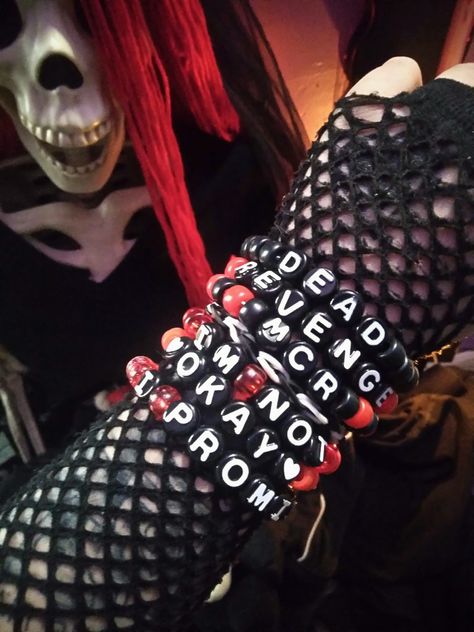 Goth Kandi Bracelets, Emo Kandi Ideas, My Chemical Romance Bracelet, Emo Kandi Bracelets, Mcr Kandi, Emo Bracelets, Emo Kandi, Scene Bracelets, Kandi Inspo