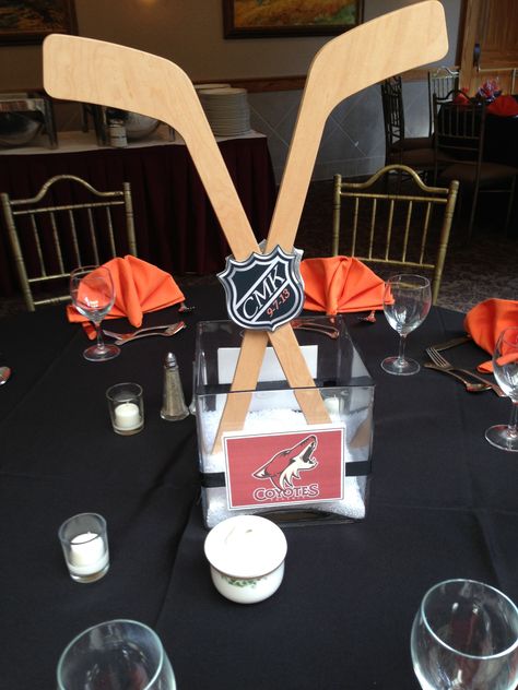 Hockey Centerpiece Hockey Table Centerpieces, Hockey Party Centerpieces, Hockey Centerpieces Ideas, Hockey Banquet Ideas, Hockey Birthday Decorations, Hockey Themed Party, Hockey Party Decorations, Hockey Centerpieces, Hockey Wedding Theme