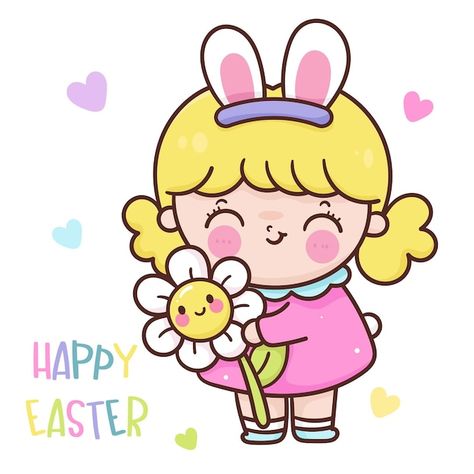 Vector bunny girl holding flower for eas... | Premium Vector #Freepik #vector #easter #easter-day #egg-hunt #easter-holiday Ice Cream Kawaii, Unicorn Topper, Easter Drawings, Doll Drawing, Lion Drawing, Illustration Art Kids, Cute Vector