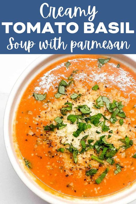 Dreamy, cozy, and creamy tomato basil soup with parmesan cheese. The ultimate bowl of low carb tomato soup that the whole family will love. Made with canned tomatoes, fresh basil, and other simple ingredients. Serve with grilled cheese sandwiches or by itself– you can’t go wrong! #lowcarb #rescuerecipes #easydinner #soup Low Carb Tomato Soup, Creamy Tomato Basil Soup, Parmesan Recipe, Leftovers Soup, Canned Tomatoes, Tomato Bisque, Basil Soup, Grilled Cheese Sandwiches, Parmesan Recipes