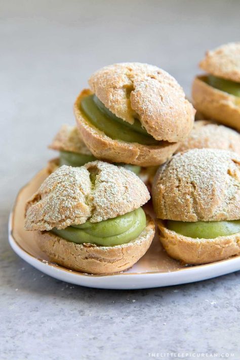 Matcha Cream Puffs - The Little Epicurean Matcha Filling Recipe, Matcha Pastries, Matcha Cream Puff, Matcha Bar, Matcha Desserts, Matcha Cream, Matcha Recipes, Matcha Dessert, Cream Puff Recipe