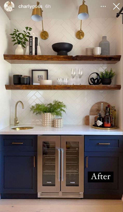 Exposed Shelves Kitchen Coffee Bar, Open Shelves Bar Area, Wet Bar Floating Shelf, Built In Bar Floating Shelves, Wet Bar Ideas With Floating Shelves, Wet Bar Shelf Decor, Shelves Above Dry Bar, Decorating Bar Shelves, Home Bar Open Shelving