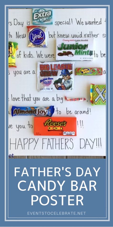 Give your dad a Candy Bar Poster for Father's Day! Grab our ideas and candy bar list below! #fathersdaygifts #giftidea #fathersday Fathers Day Candy Bar Poster, Candy Bars Ideas, Candy Bar Poster, Bars Ideas, Poster Boards, Candy Bar Posters, Fathers Day Gift Basket, Gifts Baskets, Junior Mints