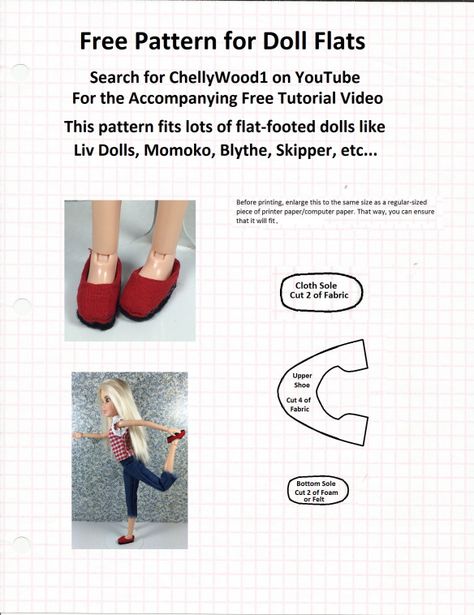 Image of sewing pattern with overlapping words, "Free pattern for doll flats: search ChellyWood1 on Youtube for the accompanying free tutorial video; this pattern fits lots of flat-footed dolls like Liv Dolls, Momoko, Blythe, skipper, etc..." Dolly Shoes, American Girl Doll Shoes, Liv Dolls, Free Printable Sewing Patterns, Barbie Doll Patterns, Doll Shoe Patterns, Paper Shoes, Barbie Dress Pattern, Sewing Barbie Clothes