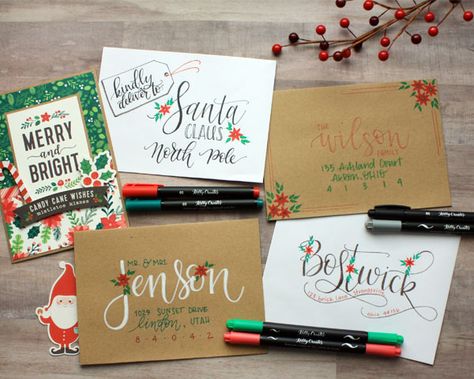 Holiday Christmas Envelope Art tutorial with Chasity Sivanick www.kellycreates.ca Hand Lettering Envelopes Christmas, Winter Envelope Art, Holiday Card Envelope Addressing, Decorate Envelope Ideas Christmas, Hand Addressed Christmas Envelopes, Christmas Snail Mail Ideas, Christmas Card Lettering Envelope, Holiday Envelope Art, Christmas Cards Envelopes Ideas