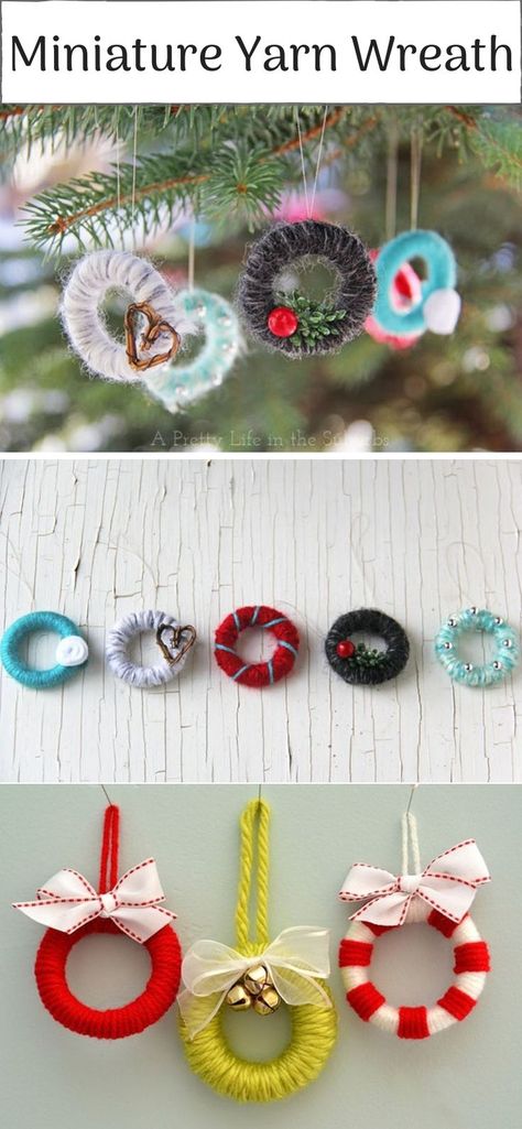 Miniature Yarn, Yarn Wreaths, Homemade Christmas Tree, Homemade Decorations, Ornaments Homemade, Wreath Ornament, Diy Christmas Tree Ornaments, Homemade Christmas Decorations, Christmas Tree Decorations Diy