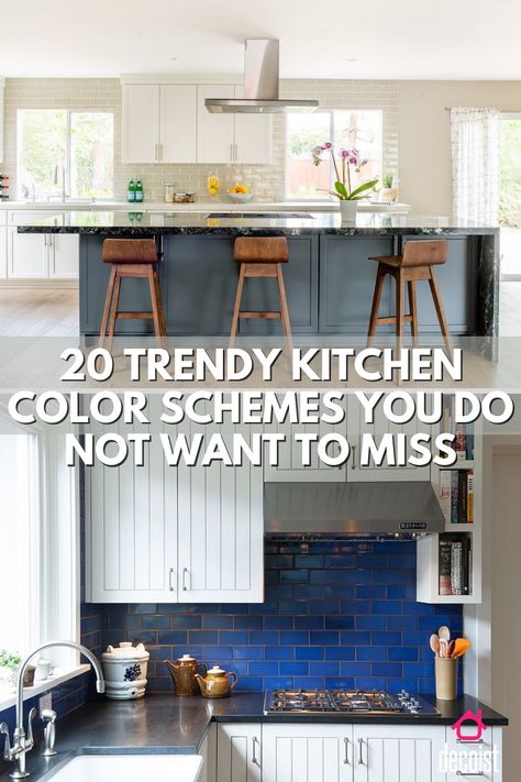 Adding a pop of color to a your kitchen is easy with tile, islands, or even your decor choice! Kitchen Pop Of Color, Attic Kitchen, Kitchen Color Schemes, Best Kitchen Colors, Trendy Kitchen Colors, White Marble Kitchen, Grey Kitchen Island, Best Color Schemes, Kitchens Ideas