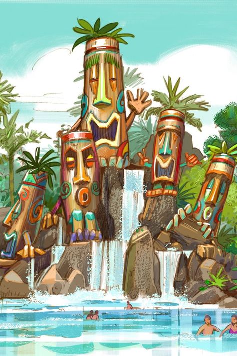 Theme Park Entrance Design Concept Art, Tiki Background, Theme Park Concept Art, Bamboo Aesthetic, Theme Park Planning, Purple Scrunchie, Water Theme Park, Hawaii Theme, Planet Coaster