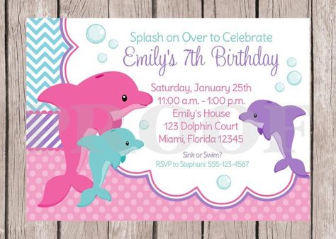 Dolphin Birthday Invitations, Dolphin Birthday Party, Purple Dolphin, Dolphin Birthday Parties, Dolphin Birthday, Dolphin Party, Pink Dolphin, Invitation Pink, Beach Birthday