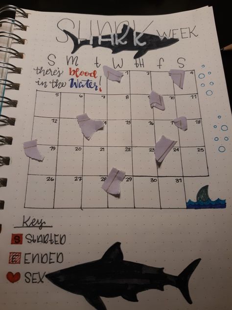 Periods aren't fun, but like I tell my daughter it's a good habit to track it. With this tracker I decided to get creative, and since I'm crazy about sharks it seemed only fitting to call this page Shark Week. Shark Week Bullet Journal, Period Tracker, I'm Crazy, Shark Week, Im Crazy, Scrapbook Journal, Bullet Journaling, Journal Pages, Sharks