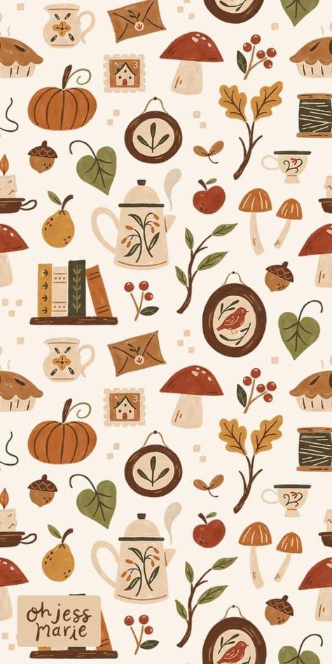 Fall Cottagecore Wallpaper, Wallpaper Autumn Vintage, Fall Seamless Pattern, Book Pattern Wallpaper, Autumn Illustration Wallpaper, Vintage Autumn Illustration, Wallpapers Cottagecore, Cute Mushroom Wallpaper, Fall Motifs