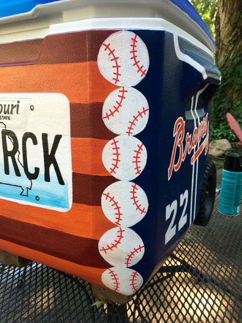 Baseball Frat Cooler, Easy Cooler Painting Ideas, Frat Painted Cooler, Painted Coolers For Guys, Baseball Cooler, Sae Cooler, Formals Cooler, Ato Cooler, Cooler Painting Ideas