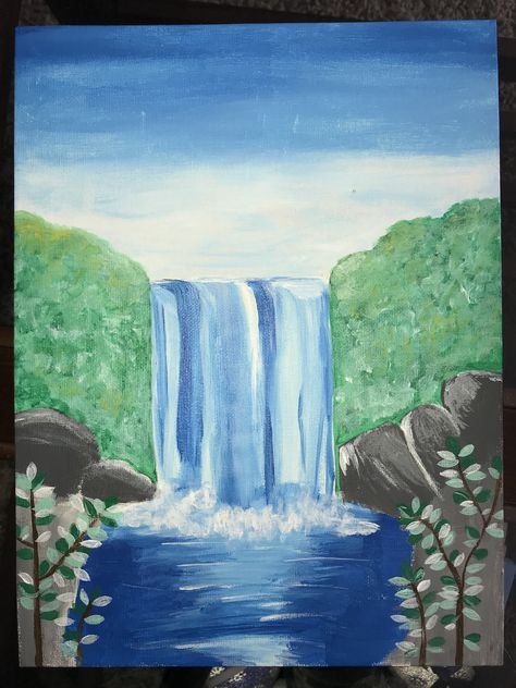 Waterfall Easy Painting, Paint Waterfall Acrylics, Waterfall Painting Easy, Sea Drawings, Under The Sea Drawings, Waterfall Drawing, Waterfall Painting, Card Painting, Acryl Painting