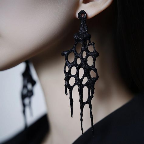 Discover the Art of 3D Printing with Our Conceptual Earrings: Intricately designed and ready to be brought to life, these earrings combine natural forms with gothic elegance. Each pair is envisioned in a captivating web-like pattern that cascades in a delicate drip, offering a dramatic flair to any attire. Material and Craftsmanship: Crafted from high-quality photopolymer resin in matte black, these earrings promise lightweight wear, all produced with precision 3D printing technology. Elegant Pa Resin 3d Printed Jewelry, 3d Printed Accessories, 3d Print Earrings, 3d Print Jewelry, 3d Printer Jewelry, Wire Accessories, 3d Printed Earrings, Printed Earrings, 3d Printing Fashion