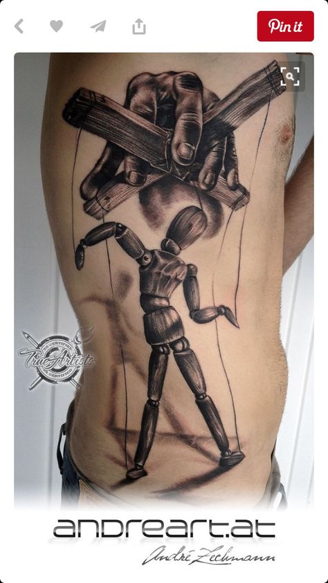 Puppet tattoo Marionette Tattoo, Trumpet Tattoo, Tiki Tattoo, Western Tattoos, Medusa Tattoo, Inked Magazine, Hot Tattoos, Great Tattoos, Half Sleeve Tattoo