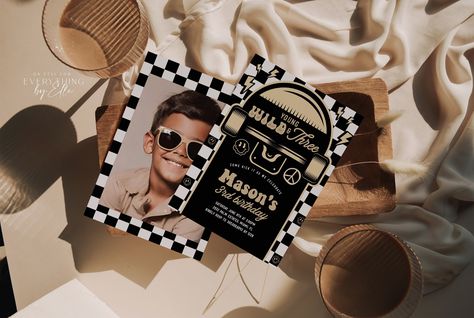 Boy 3rd Birthday, Checkered Party, Third Birthday Boys, Invite With Photo, Skateboard Birthday, Hippie Boy, Link Edit, Mobile Editing, Party Template