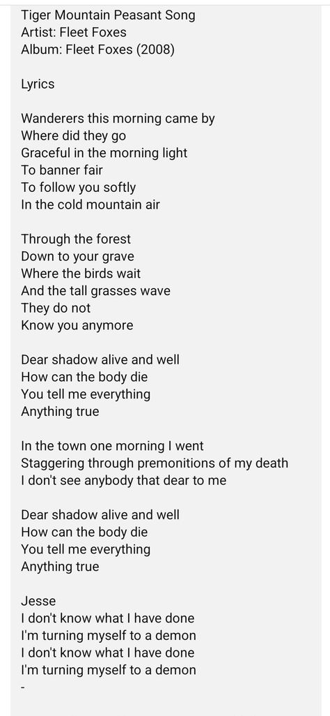 Tiger Mountain Peasant Song. Fleet Foxes. Lyrics Fleet Foxes Lyrics, Tiger Mountain, Fleet Foxes, Cold Mountain, Song Artists, Morning Light, Song Lyrics, Knowing You, Songs