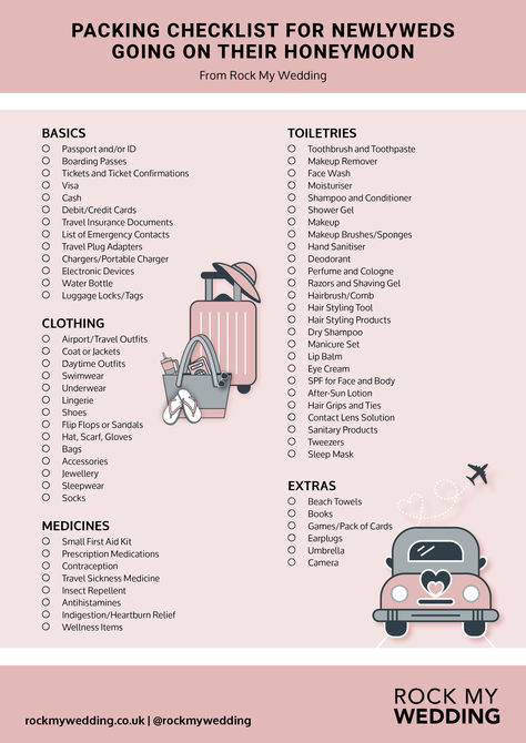 Your essential honeymoon packing checklist covering the basics, medicines and toiletries, clothing and extras | honeymoon checklist | downloadable PDF checklist | what to pack for your honeymoon Honeymoon Images, Honeymoon Checklist, Honeymoon Packing List, Honeymoon Packing, Airport Travel Outfits, Honeymoon Inspiration, Luggage Locks, Makeup List, Beach Honeymoon