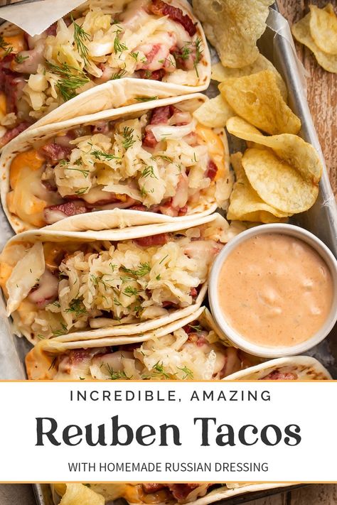 My favorite way to eat a Reuben - as a taco! With deliciously savory and tender corned beef, some traditional sauerkraut, creamy Russian dressing, and plenty of Swiss cheese, this recipe is great way to use up leftover corned beef or to make anytime you're craving LOTS of flavor. Reuben Recipes Corned Beef, What To Make With Corned Beef, Sweet Corned Beef Recipes, Unique Corned Beef Recipes, Recipes With Leftover Corned Beef, Corn Beef Sides Dishes, Corn Beef Tacos, Corned Beef Sides Dishes, Sliced Corned Beef Recipes