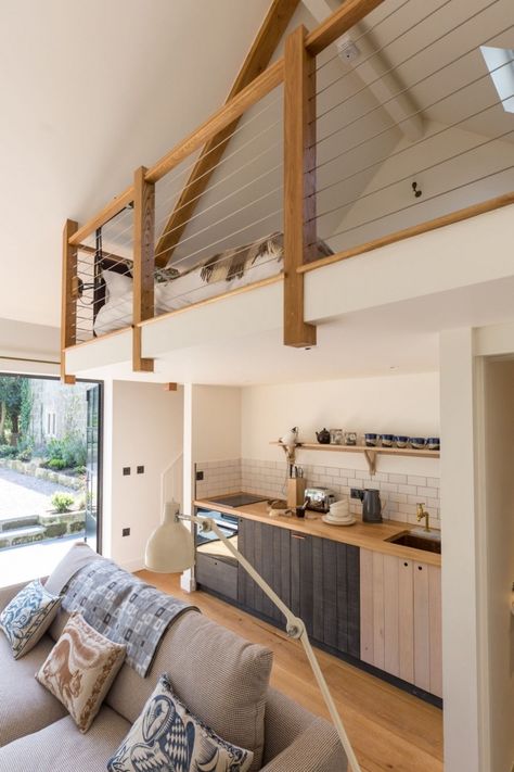 A shoppable, luxury holiday home in Wiltshire that showcases the best of British contemporary and heritage craftsmanship Mezzanine Bedroom, Garage To Living Space, Craftsman Cottage, House Loft, Best Of British, Luxury Holiday, Tiny House Interior, Tiny House Cabin, Pole Barn Homes