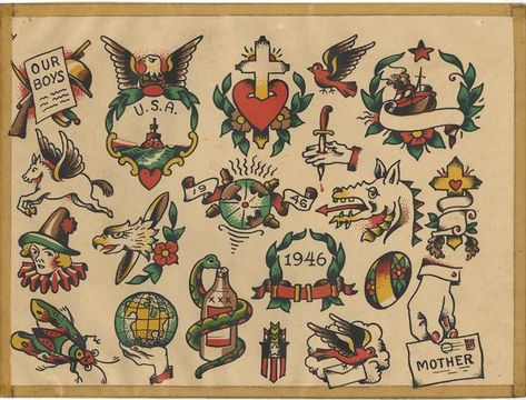 Zeis Flash, Ww2 Tattoo, Milton Zeis, Vintage Tattoo Art, Traditional Tattoo Flash Art, Sailor Tattoos, Vintage Tattoo Design, Flash Sheet, Tattoo Flash Sheet