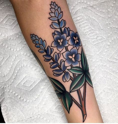 Memorialbrooklyn (@memorialbrooklyn) • Instagram photos and videos American Traditional Bluebonnet Tattoo, Neo Traditional Violet Tattoo, Traditional Lilac Tattoo, Delphinium Flower Tattoo, Purple Traditional Flower Tattoo, Bluebonnet Indian Paintbrush Tattoo, Bluebell Tattoo, Bluebonnet Tattoo, Delphinium Tattoo