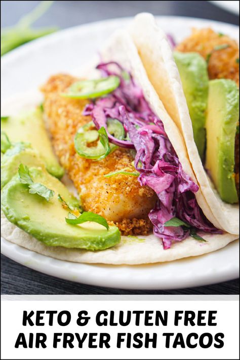 These easy keto fish tacos are fresh and flavorful and super quick in the air fryer. With just a few simple ingredients you can make crispy fish fillets that you wrap in a low carb tortilla and top with your favorite slaw or avocados! Not only are these soft tacos fresh and delicious but they are also gluten free and have just 0.2g net carbs. Air Fryer Crispy Fish, Keto Fish Tacos, Best Low Carb Tortillas, Slaw For Fish Tacos, Fried Fish Tacos, Air Fried Fish, Keto Fish, Grilled Seafood Recipes, Best Sandwich Recipes