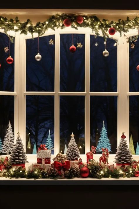 Transform your windows into magical holiday displays. Learn techniques for creating elegant window decorations that impress both indoors and out. Christmas Decor Ideas Big Window, Windowsill Decor Christmas, Window Shelf Christmas Decor, Arched Window Christmas Decor, Christmas Inside Window Decorations, Big Window Christmas Decor Ideas, Christmas Decorations Windows Indoor, Bay Window Christmas Decorations, Christmas Bay Window Decorations