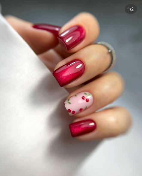 Dark Red Nail Color, Bright Acrylic Nails, Cherry Nail, Cherry Nail Art, Dark Red Nails, Cow Nails, Hello Nails, Red Polish, Vintage Nails