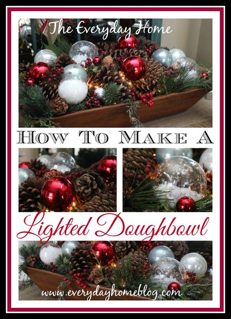 Christmas lighted dough bowl How To Decorate A Dough Bowl For Christmas, Christmas Basket Decor, Christmas Bowl Decorations, Bowl Styling, Christmas Bowl Fillers, Dough Bowl Centerpiece, Christmas Lights Outside, Table Build, Bowl Decor