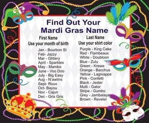 Got to remember this for our nest party!  What's Your Mardi Gras Name? - Lmfao Mine is sparkles confetti! Madi Gras, Mardi Gras Crafts, Mardi Gras Food, Mardi Gra, Mardi Gras Decorations, Mardi Gras Party, King Cake, Fat Tuesday, Party Food