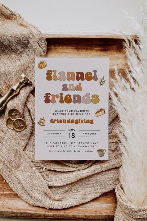 Flannel & Friends Friendsgiving Invitation Template - With this template, you can edit all background colors, font colors, fonts, font sizes, and text! Note: This is an EDITABLE TEMPLATE. No physical product will be shipped to you. 🧡 MORE THANKSGIVING INVITES: https://etsy.me/474PxtB 🧡 TRY BEFORE YOU BUY: https://www.corjl.com/d/NE79  WHAT YOU WILL RECEIVE  DIY editable invitation template in the following size: * 5x7"  HOW TO ORDER  ① Purchase your template ② A message from Corjl.com will be Fall Girlfriend Party, Thanksgiving Housewarming Party, Friends Theme Thanksgiving Party, Friendsgiving Christmas Party Ideas, Friendsgiving Baby Shower Ideas, Friends Giving Party Ideas Decor, Relief Society Friendsgiving, Girlfriends And Gratitude Party, Friends Giving Decoration Ideas