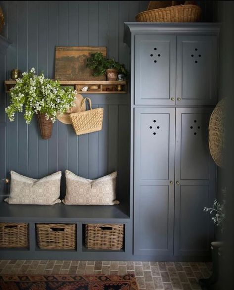 Brick Herringbone Floor, Herringbone Brick Floor, Living Interior Design, Marble Fireplace Surround, Mudroom Design, Living Interior, Boy’s Room, Hearth Room, Blue Paint Colors